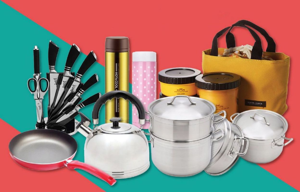 đồ gia dụng như ấm nước, chảo, dao, kéo