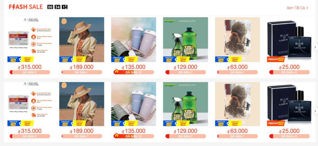 Gợi ý các sản phẩm Flash sale Giao diện trang flash sale các sản phẩm của shop trên sàn thương mại điện tử shopee