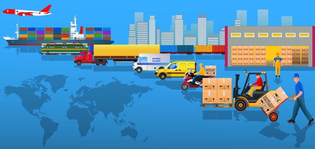 Các phương tiện vận chuyển mà khách hàng có thể lựa chọn để giao hàng như xe máy, ô tô, container, máy bay, tàu thủy,...