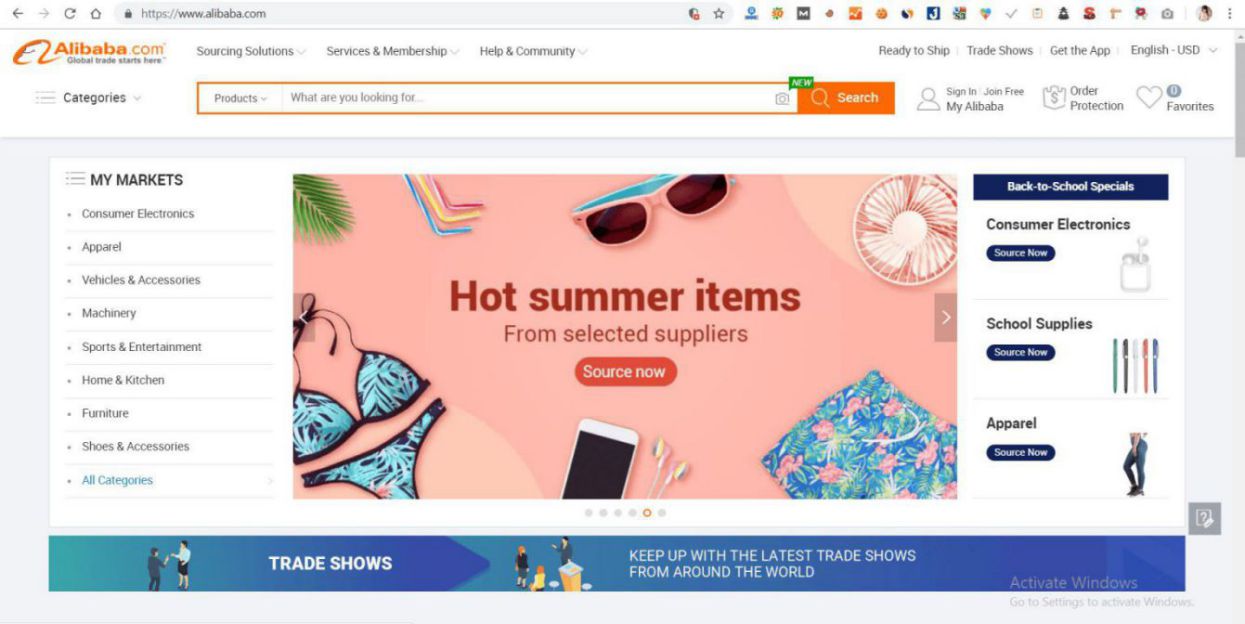 Giao diện của trang web thương mại điện tử Trung Quốc Alibaba.com